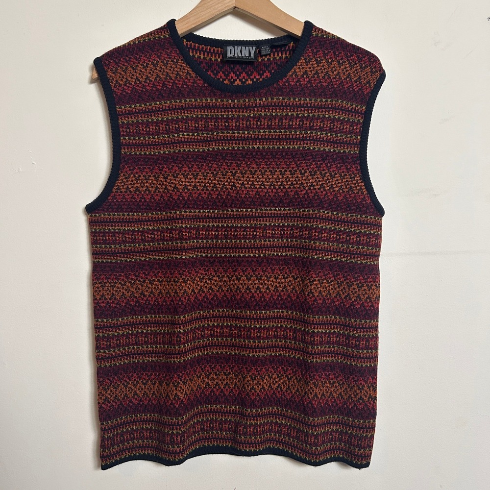DKNY Vintage Sweater Vest Wool Fair Isle Burgundy Orange Geometric Size M